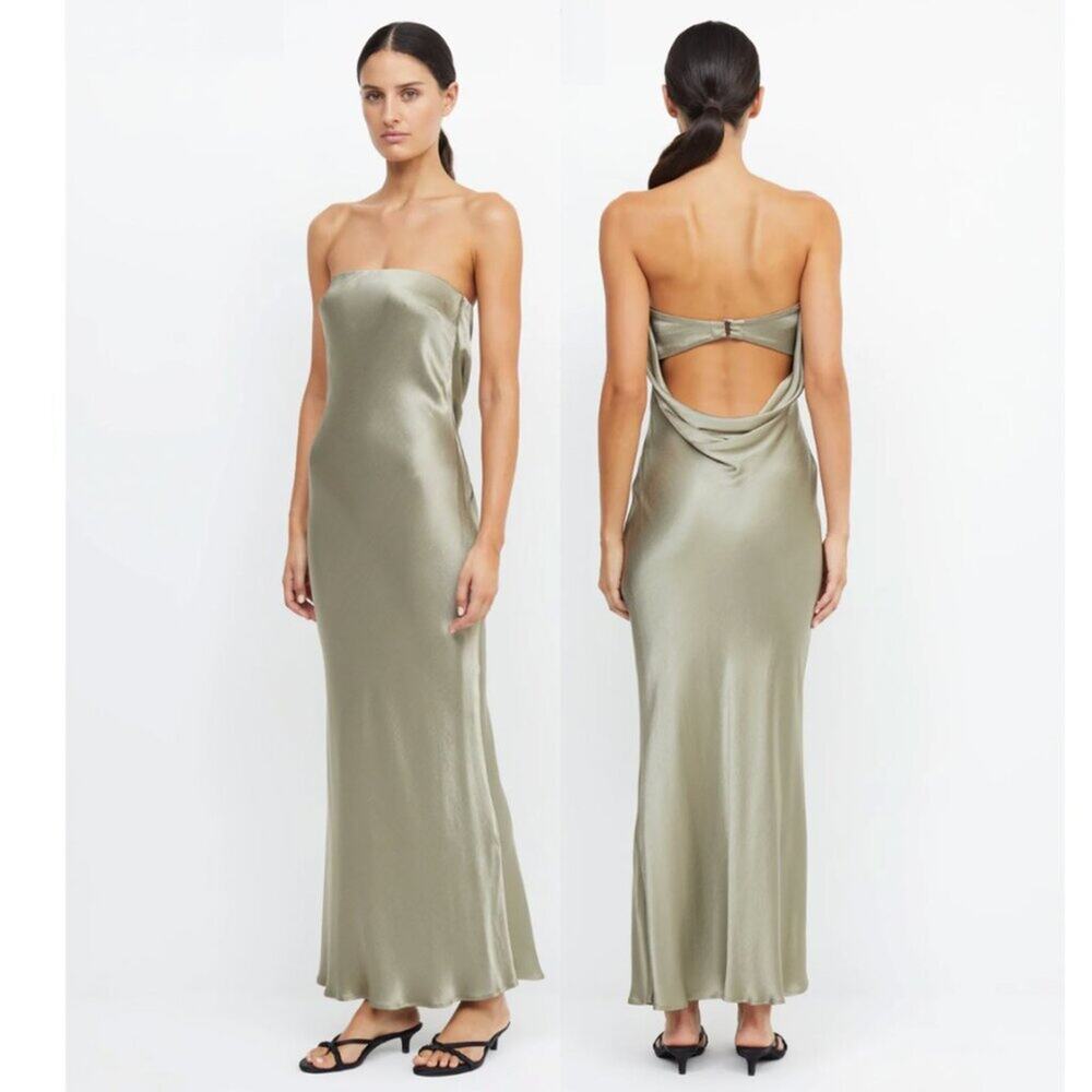 Bec + Bridge Moon Dance Satin Strapless Maxi Dress in Sage Green